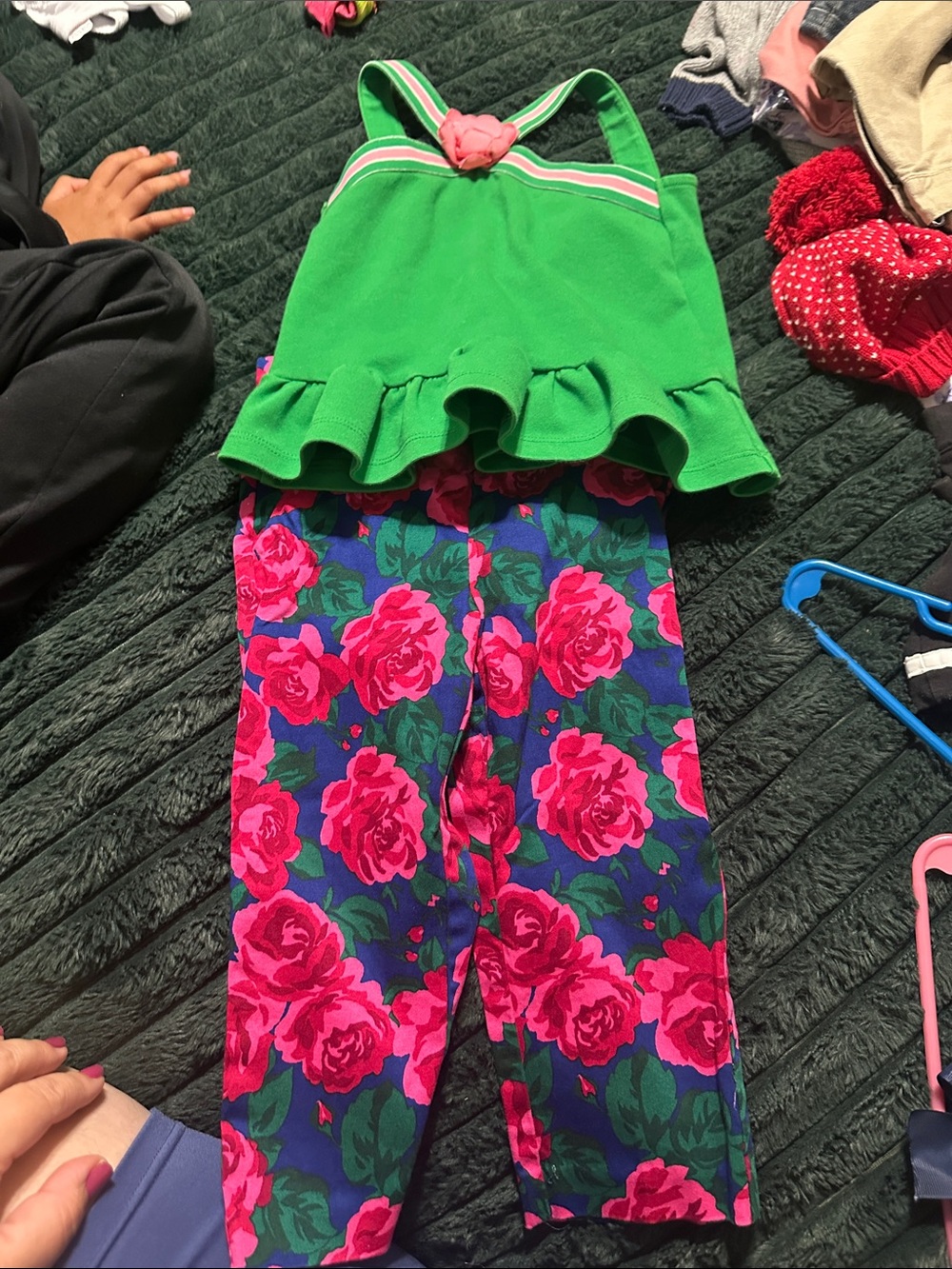 Janie and Jack Green Tank with Pink Rose Floral Leggings pants are size 3
